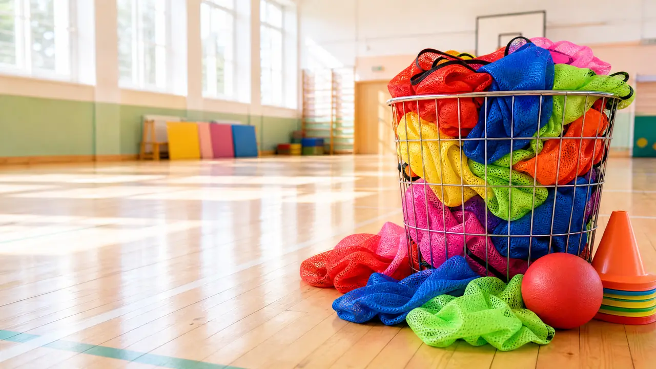 Panier de chasubles de sport en mesh de toutes les couleurs dans un gymnase clair, avec un ballon et des plots